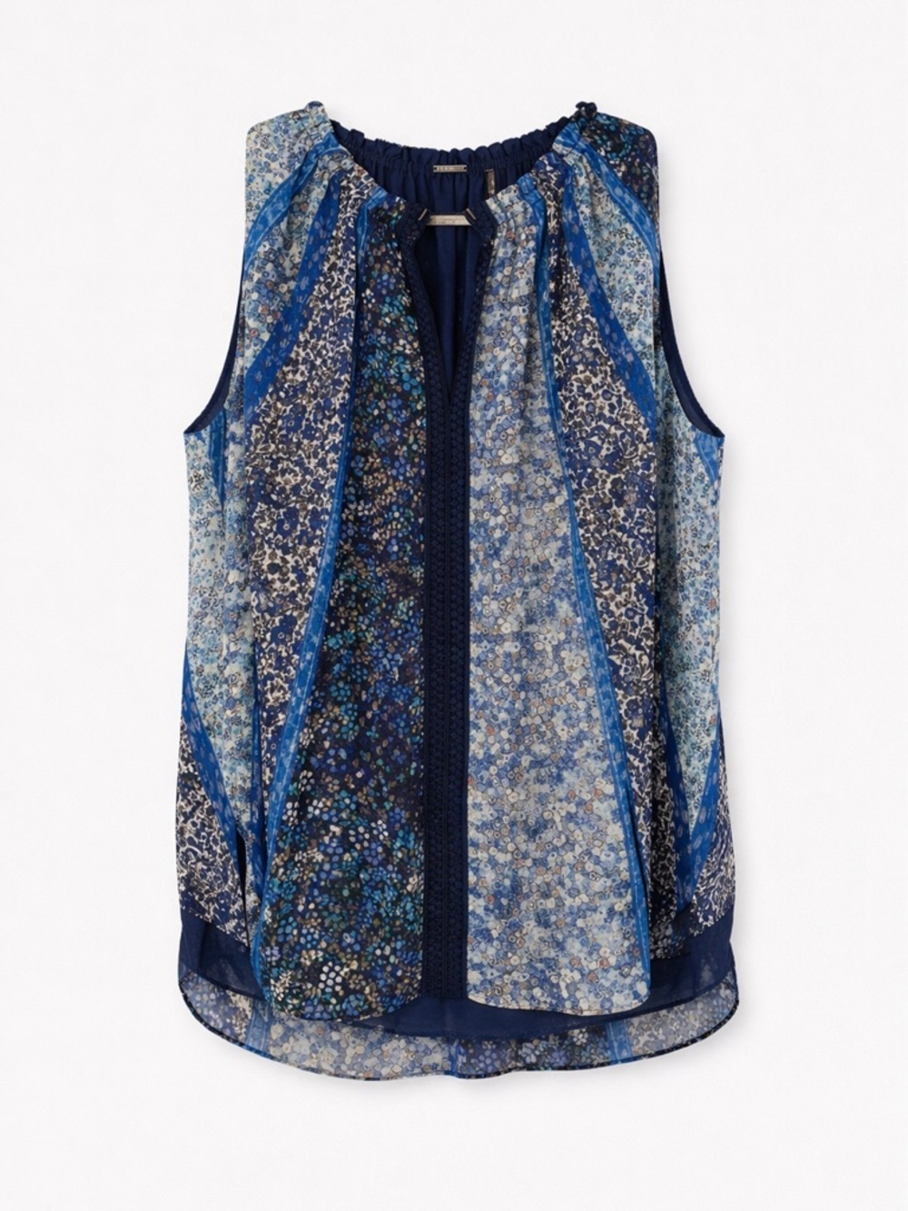 Elie Tahari Silk Sleeveless Blouse Blue Mixed Print Sheer Panel Detail M